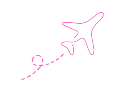 Pink airplane with dashed flight path curve around a circle on a white background.