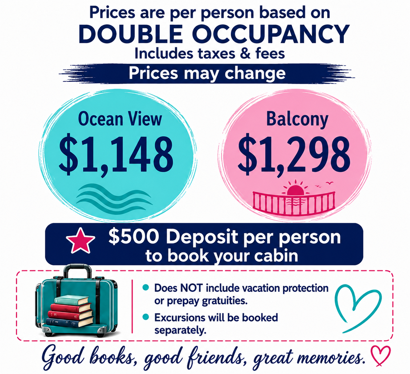 Pricing information for cabins with ocean view and balcony, rates per person including taxes and fees, and a note about a $500 deposit per person for booking a cabin. The ocean view is $1,148 and the balcony is $1,298. It mentions that prices are subject to change, and booking details, including exclusions such as vacation protection or prepay gratuities, and that excursions are booked separately, with some visual icons of a suitcase, books, and decorative hearts.