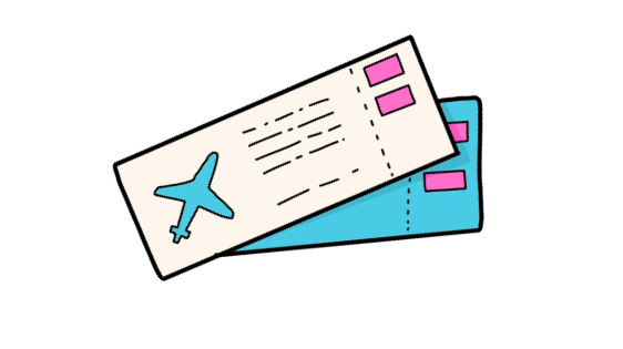 Airplane tickets with airplane icon and pink and blue details.