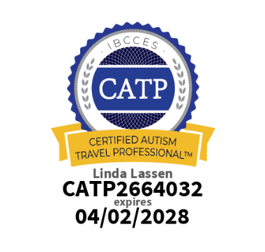 Certification badge for Certified Autism Travel Professional, issued to Linda Lassen, with membership number CATP2664032, valid until April 2, 2028.