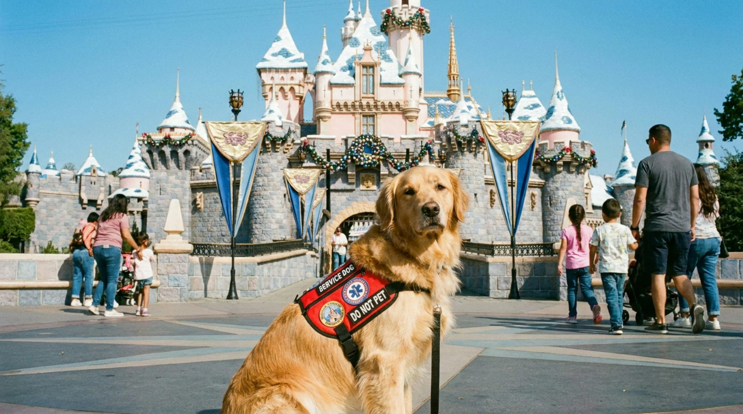 Golden service dog wearing a red vest that says "Do Not Pet" in front of Sleeping Beauty Castle at Disneyland, with visitors and children walking around.