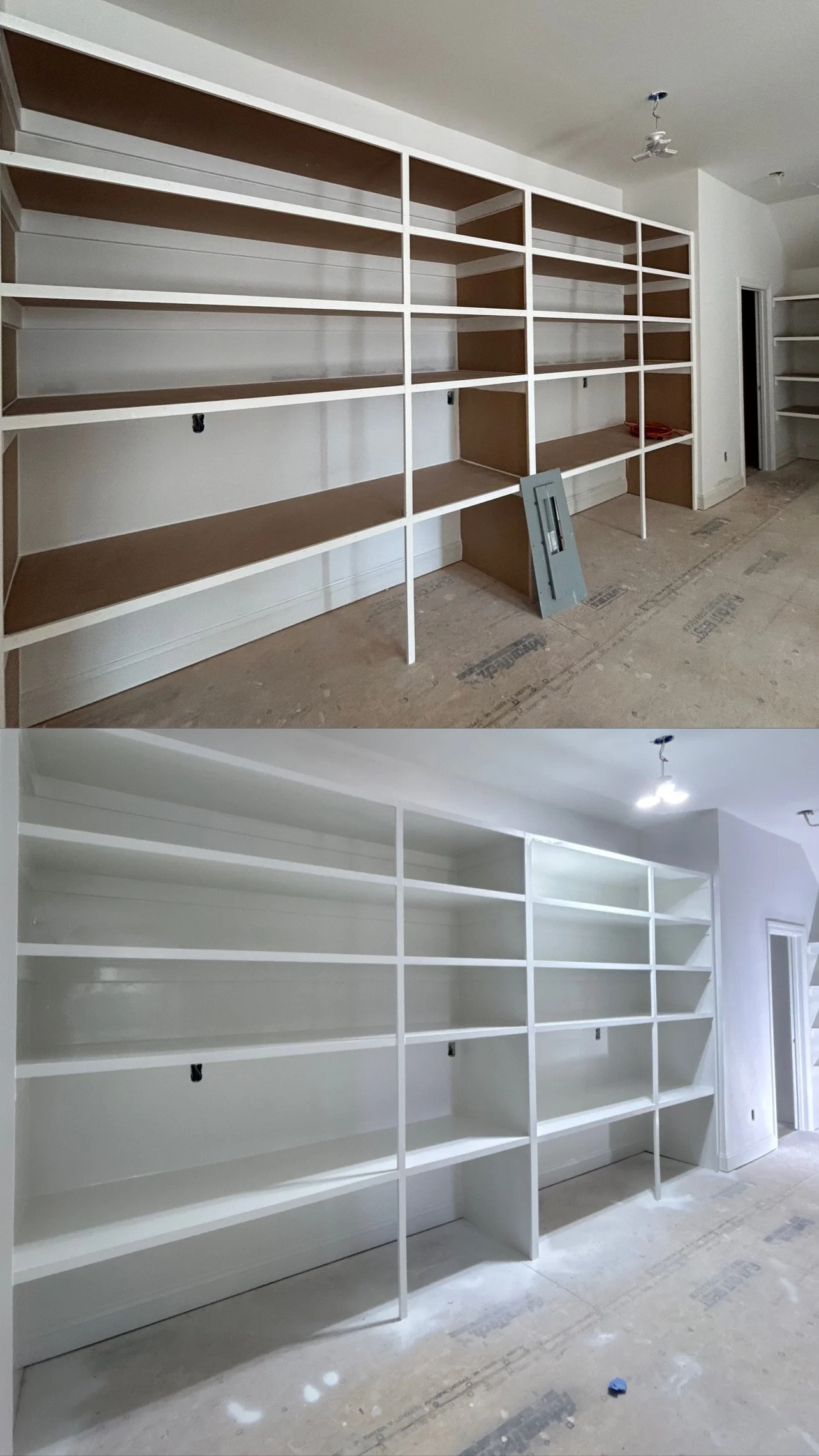 Custom built-in cabinet painting project completed from start to finish in Mount Juliet, Middle Tennessee. The image showcases large wall-to-wall shelving and storage cabinets finished with a smooth, professional white lacquer coating by O & B Paint.