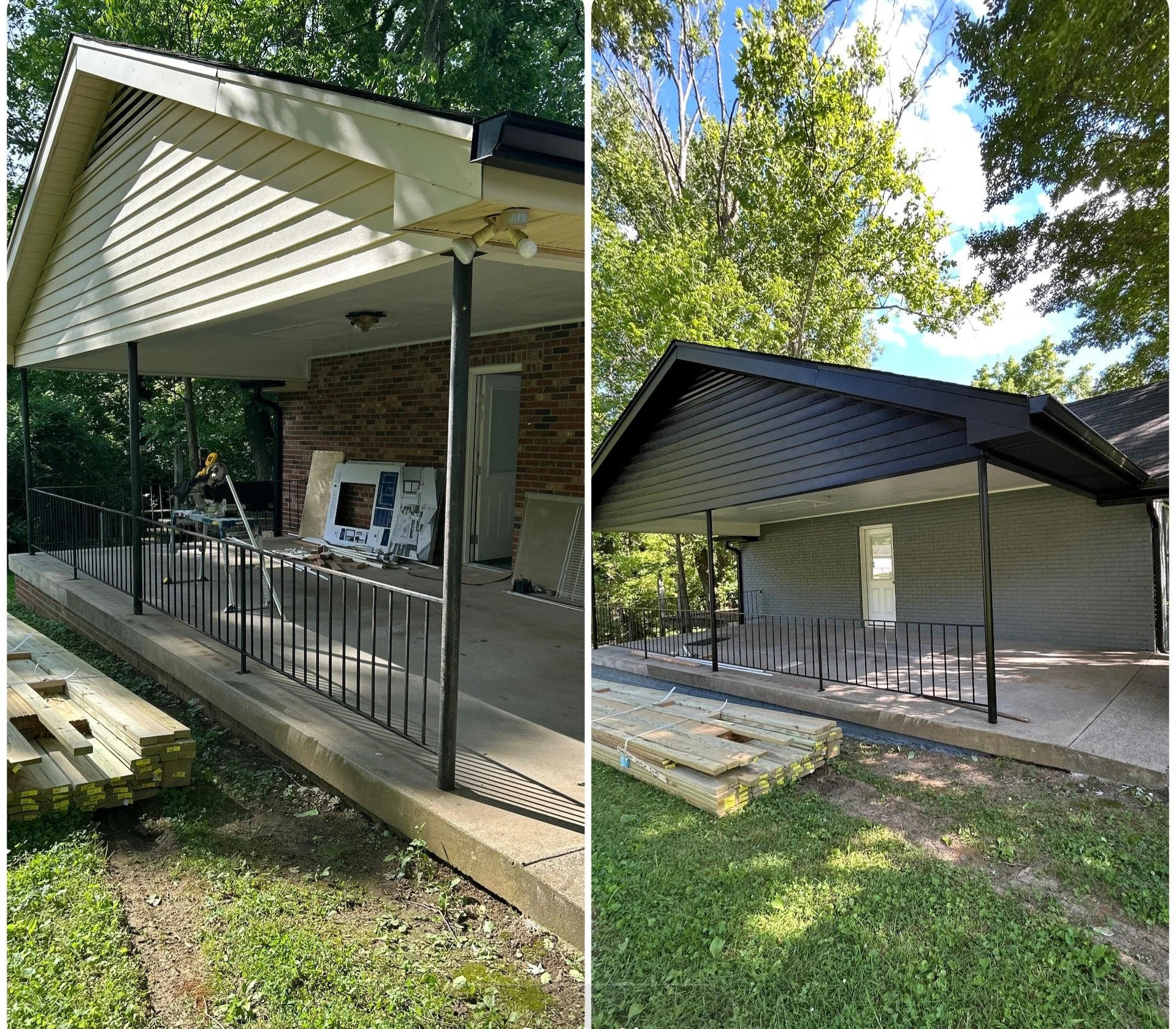 Before and after exterior house painting project in Mount Juliet, Tennessee, featuring brick painted in Sherwin-Williams Cityscape grey. The completed project by O & B Paint showcases all exterior surface trim and outside porch rails repainted in cri