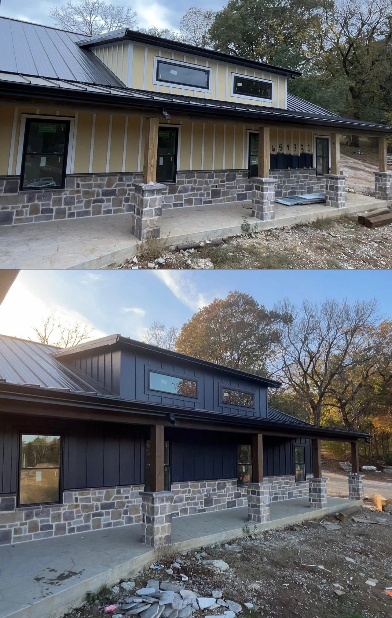 Before and after exterior painting and wood staining of a luxury outdoor pavilion and stone fireplace in Middle Tennessee. The top image shows unfinished wood beams and raw yellow board and batten siding. The bottom image shows the completed project 