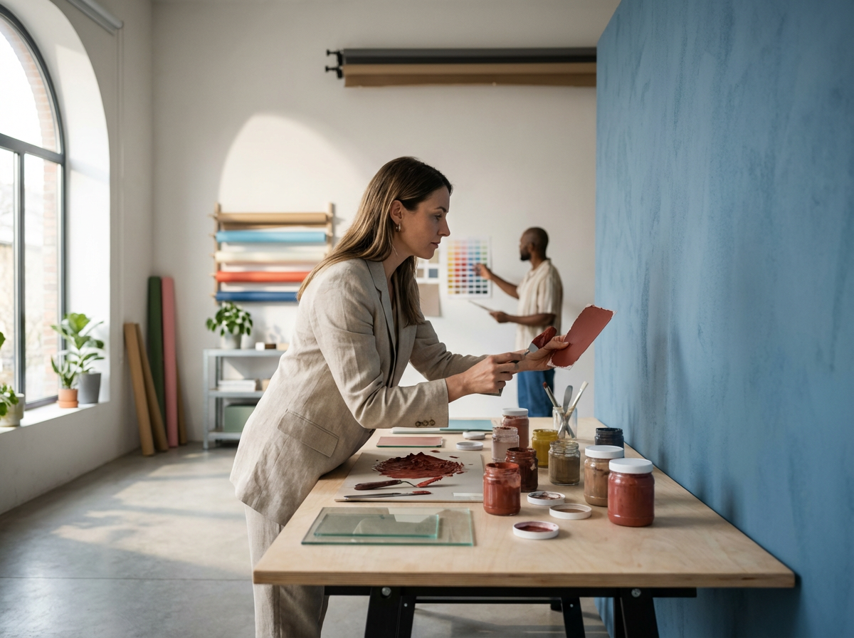 Two women working in an art studio with paint jars and brushes on a table, one painting a wall and the other reviewing a sample.