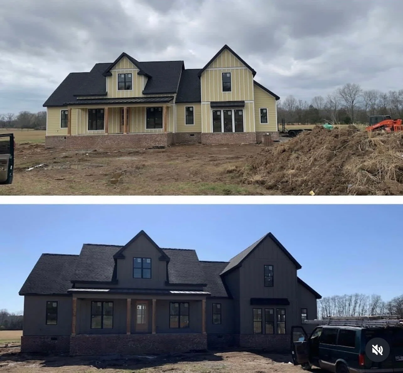Before and after exterior painting of a modern farmhouse new construction home in Mount Juliet, Middle Tennessee. The top image shows the house with unfinished yellow siding. The bottom image shows the completed project with premium dark grey siding,