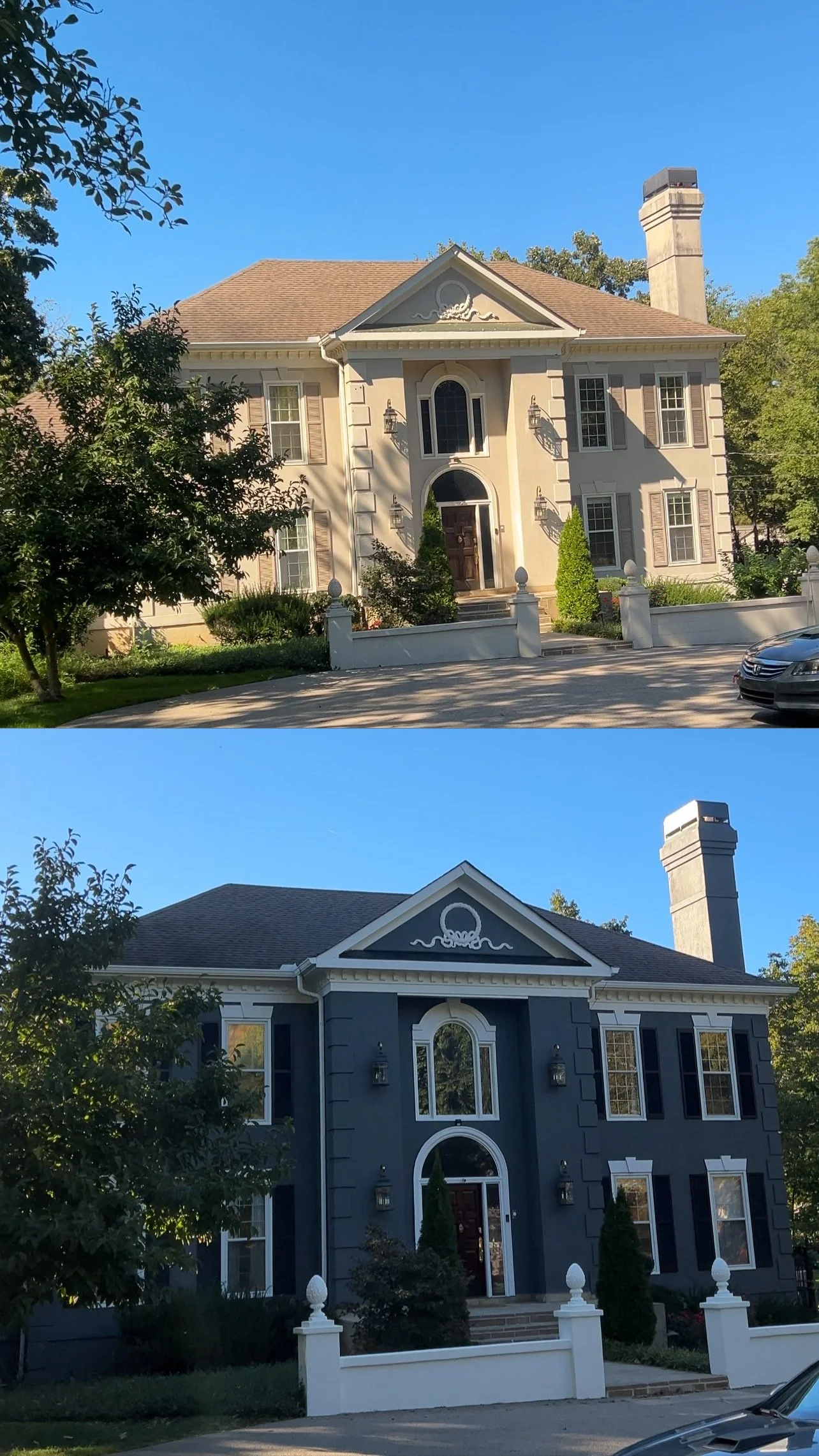 Before and after home exterior painting transformation in Green Hills, TN, featuring a dramatic shift to deep charcoal gray stucco with bright white trim accents.