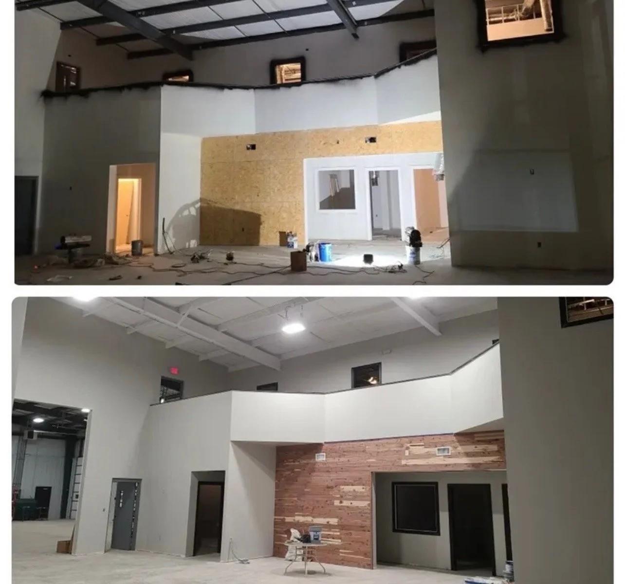 Commercial interior painting project completed at Cedar City RV in Lebanon, Tennessee. The image shows the large showroom facility featuring freshly painted light grey walls, crisp white ceilings, and a natural wood plank accent wall completed by O &