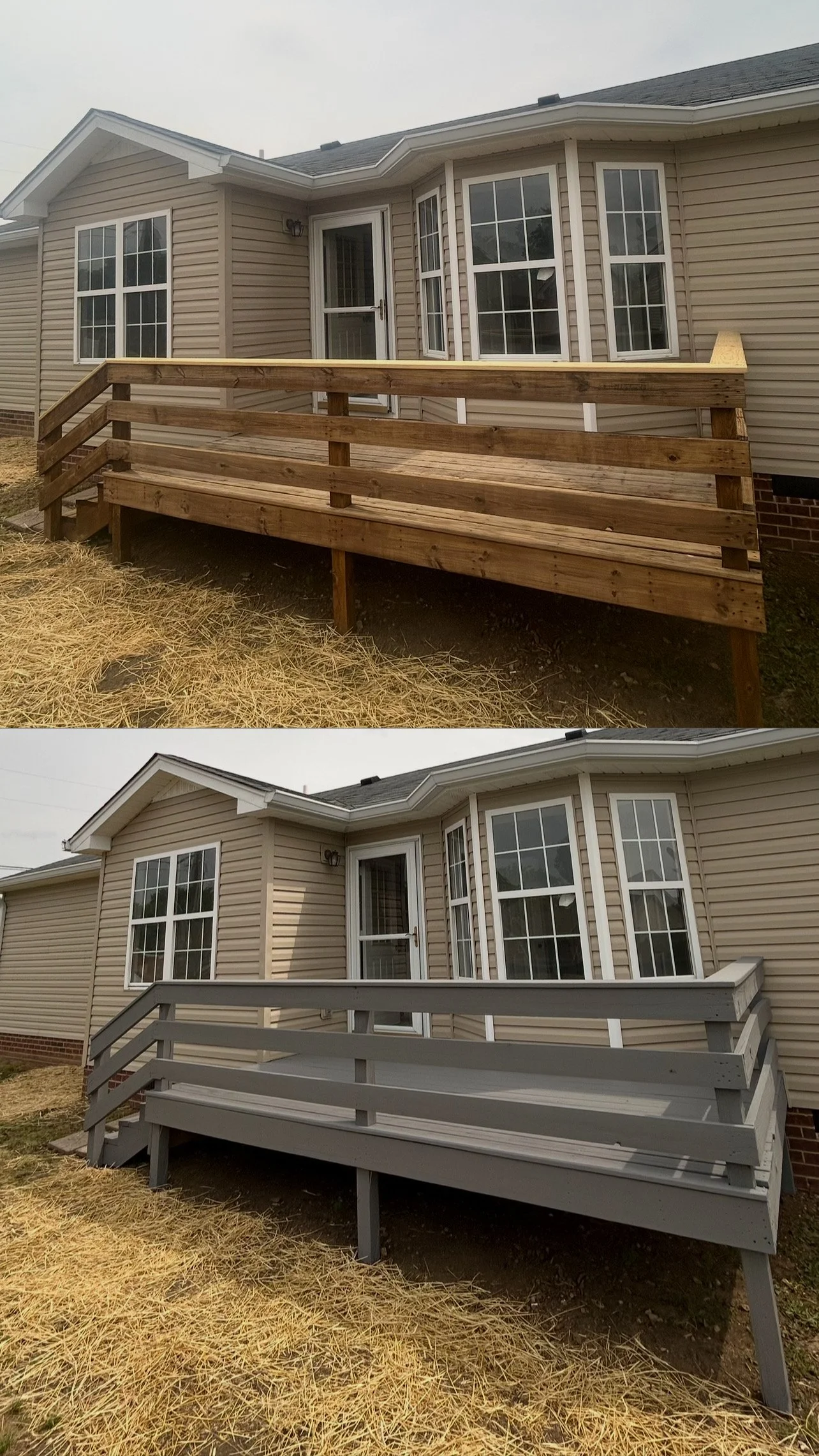 Professional exterior deck and porch painting project completed in Murfreesboro, Tennessee. The image shows a residential back porch with a freshly applied, solid grey protective wood coating on the floorboards, stairs, and railings by O & B Paint.

