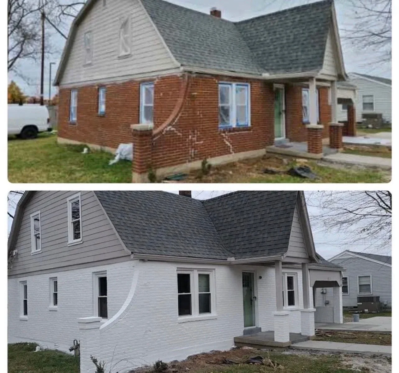 Before and after exterior brick painting and siding renovation for a home in Lebanon, Tennessee. The top image shows the original red brick facade and aged tan siding. The bottom image shows the completed transformation by O & B Paint, featuring prof