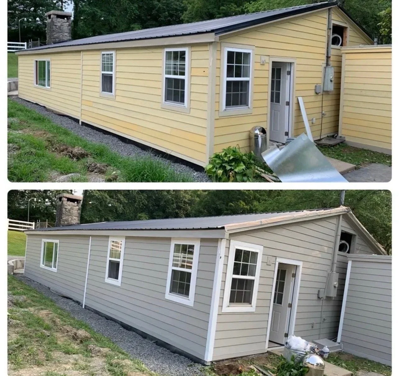 Before and after exterior house painting project in Middle Tennessee. The top image shows the home’s original faded yellow horizontal siding with cream trim. The bottom image shows the completed project by O & B Paint, featuring a fresh light grey bo