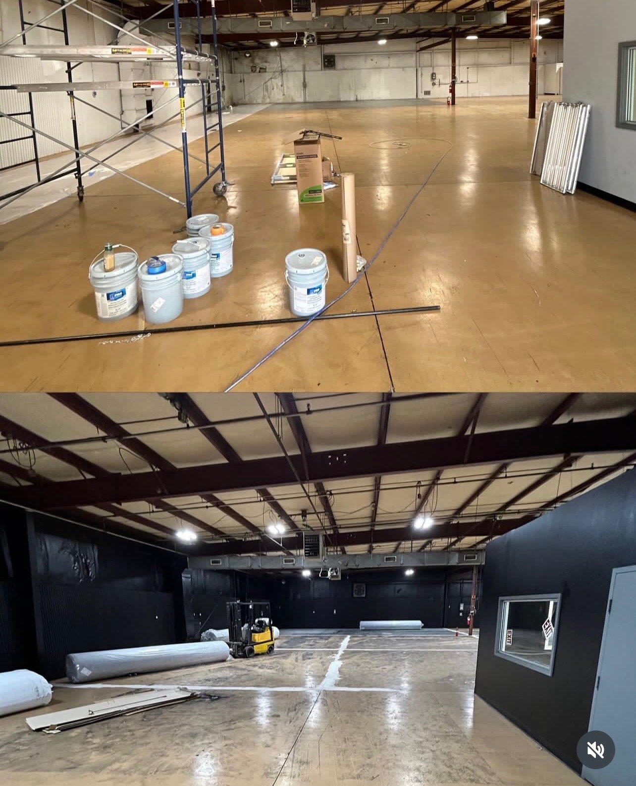 Commercial painting project before photo of a large indoor baseball facility in Lebanon, TN, showing unpainted warehouse walls and concrete floors prior to prep work.