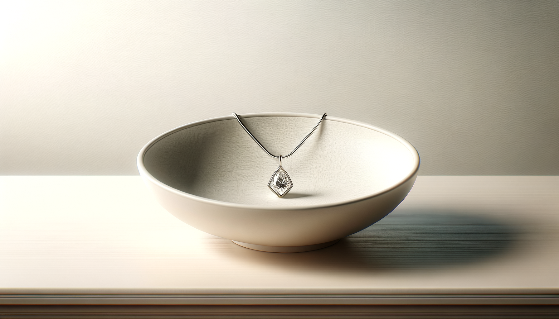 A silver necklace with a diamond-shaped pendant inside a beige ceramic bowl on a textured surface, with a light neutral background.