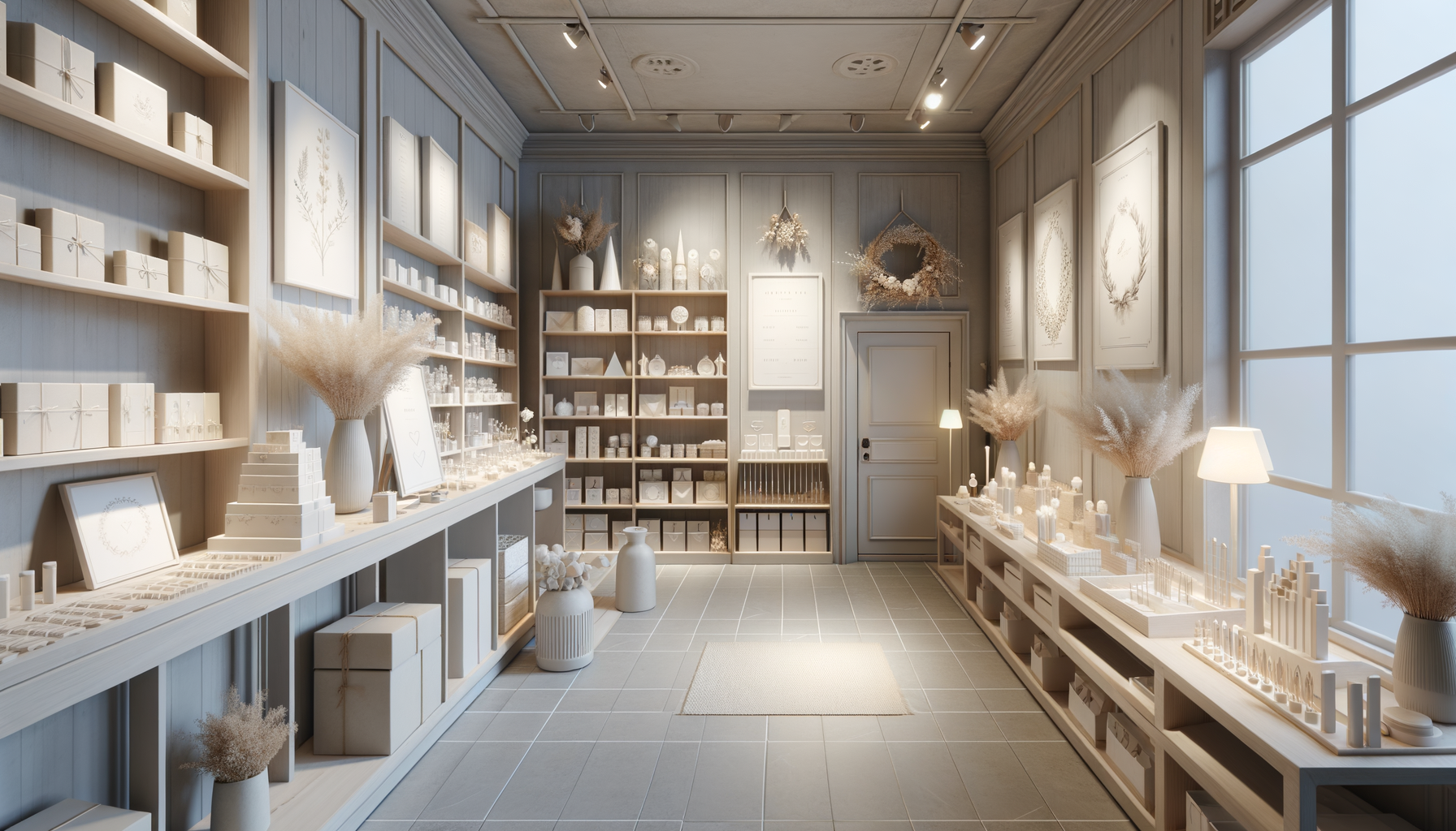 A minimalistic retail store with white and beige decor, featuring shelves stocked with white gift boxes and decorative items, illuminated by soft lighting and natural light from large windows.