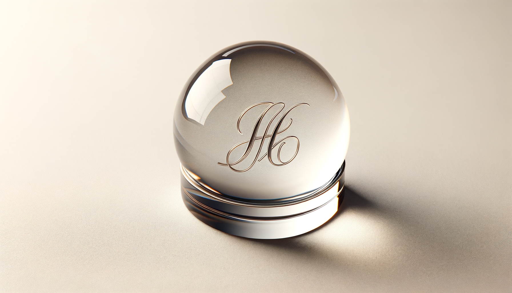 A reflective metallic sphere with engraved monogram initials 'H' and 'O', sitting on a layered metallic base, on a plain light beige background.