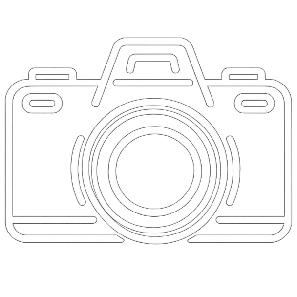 Outline of a camera with a large lens in the center and various buttons and viewfinder details.