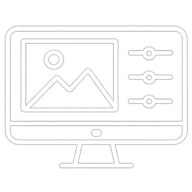 Outline of a computer monitor displaying a line graph with a circular chart and sliders.