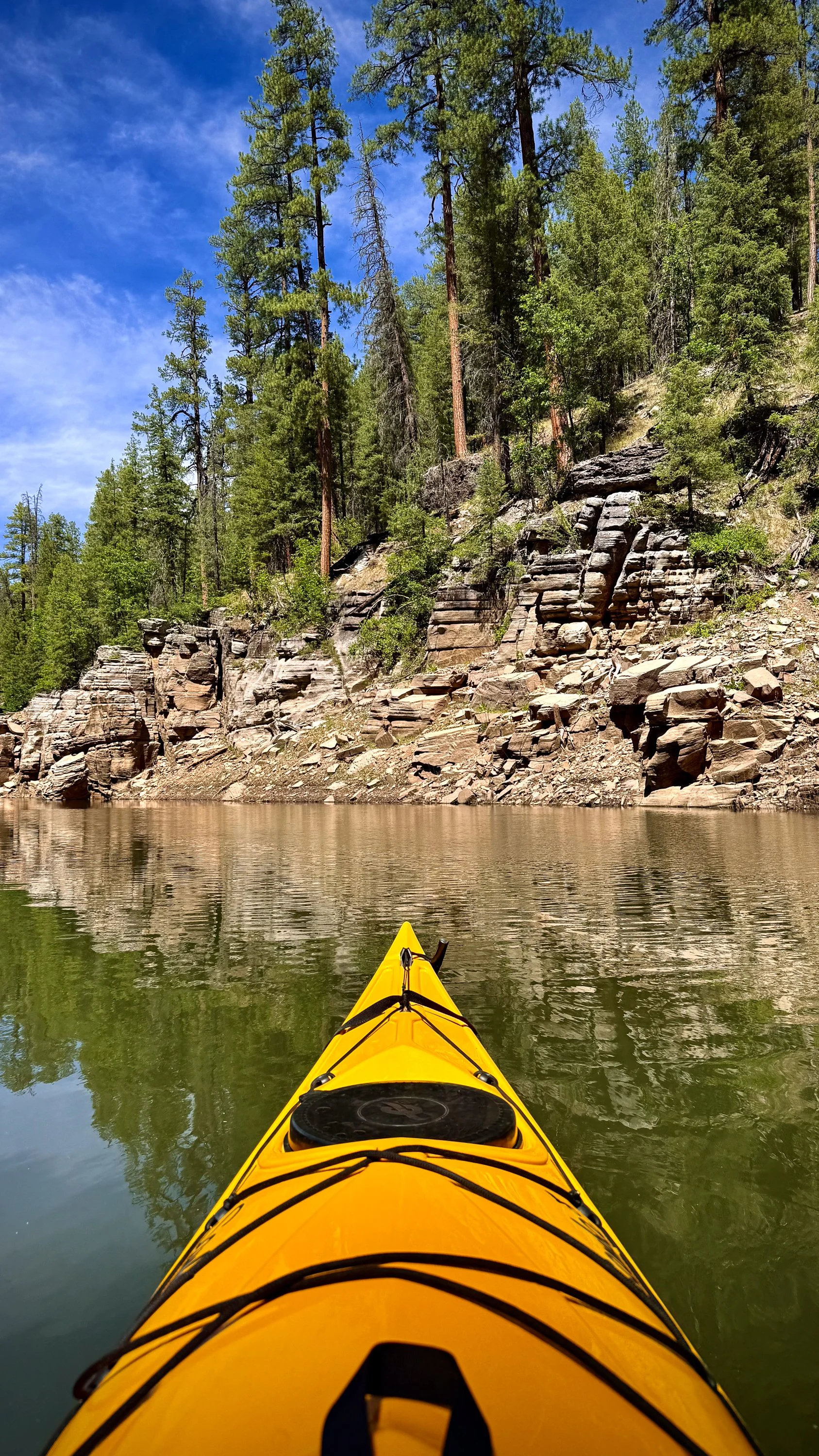 Looking from the front of a yellow kayak paddle in a calm river, surrounded by tall pine trees and rocky cliffs under a blue sky.