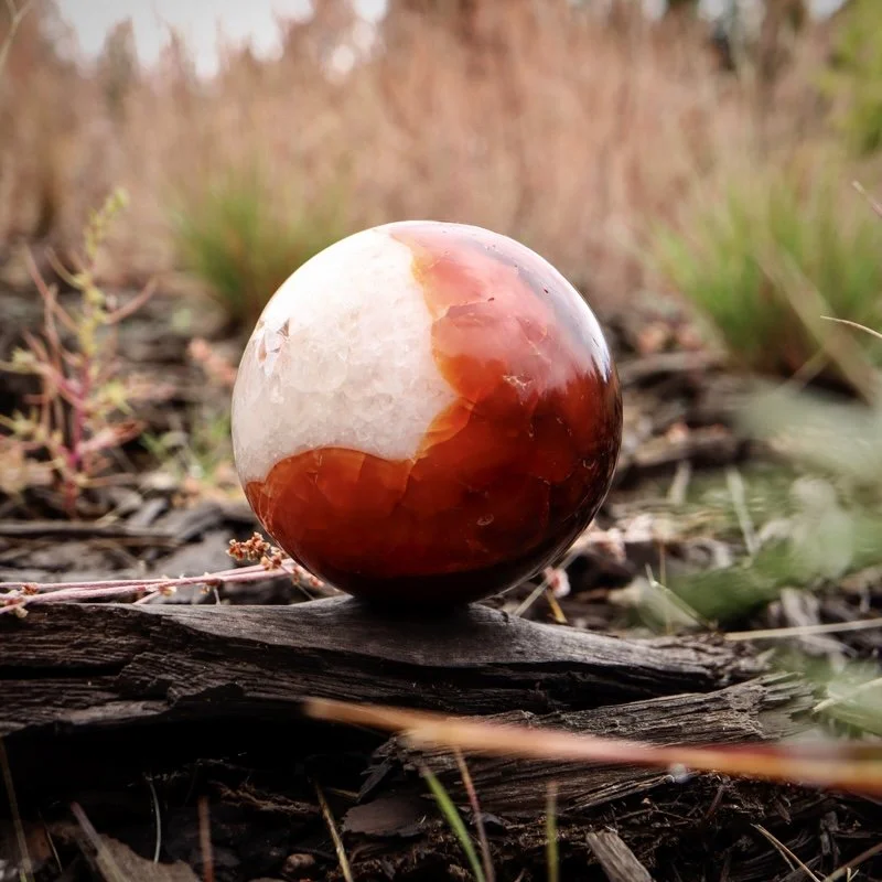 A polished round marble with shades of white, orange, and red resting on a piece of wood outdoors.