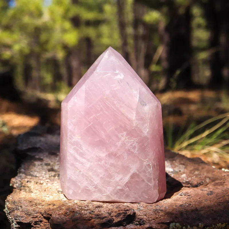 A pink quartz crystal standing on a piece of rock outdoors in a forest setting.