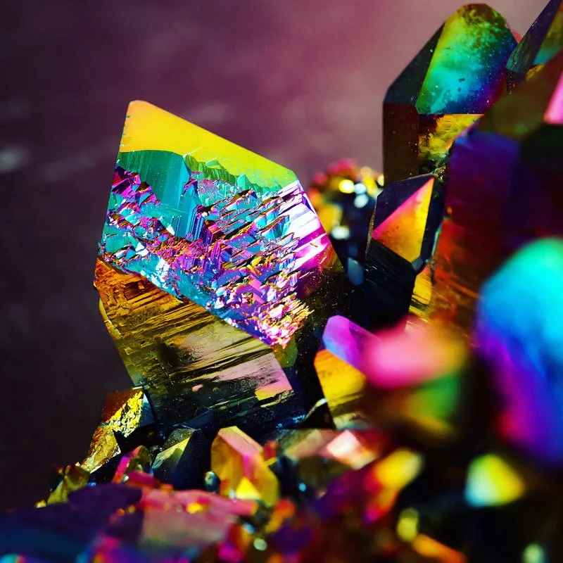 Close-up of a cluster of iridescent, colorful crystals with reflective surfaces and intricate textures, set against a dark background.