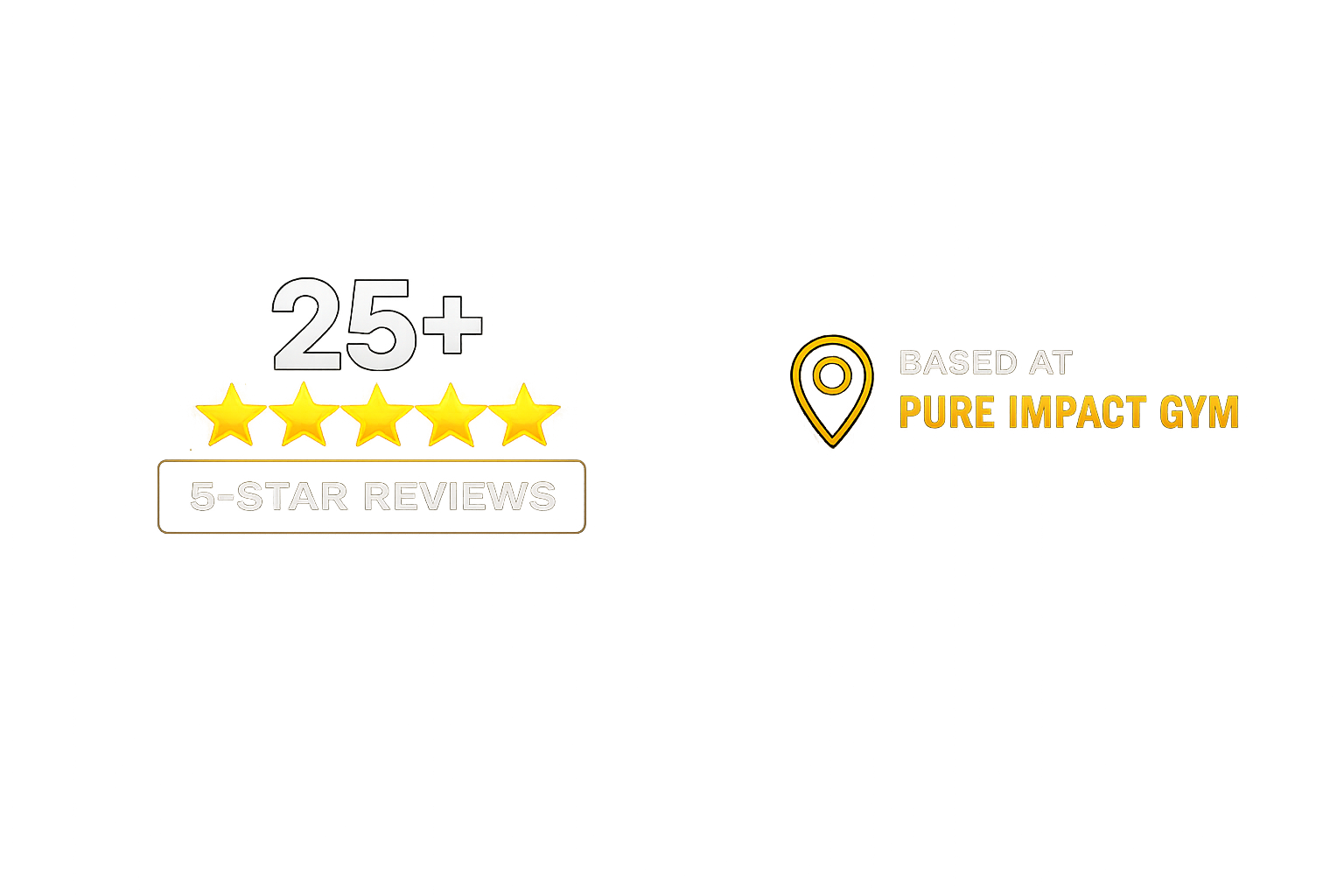Graphic highlighting over 25 five-star reviews on Google, based at Pure Impact Gym, with a location pin icon and a gold and black color scheme.