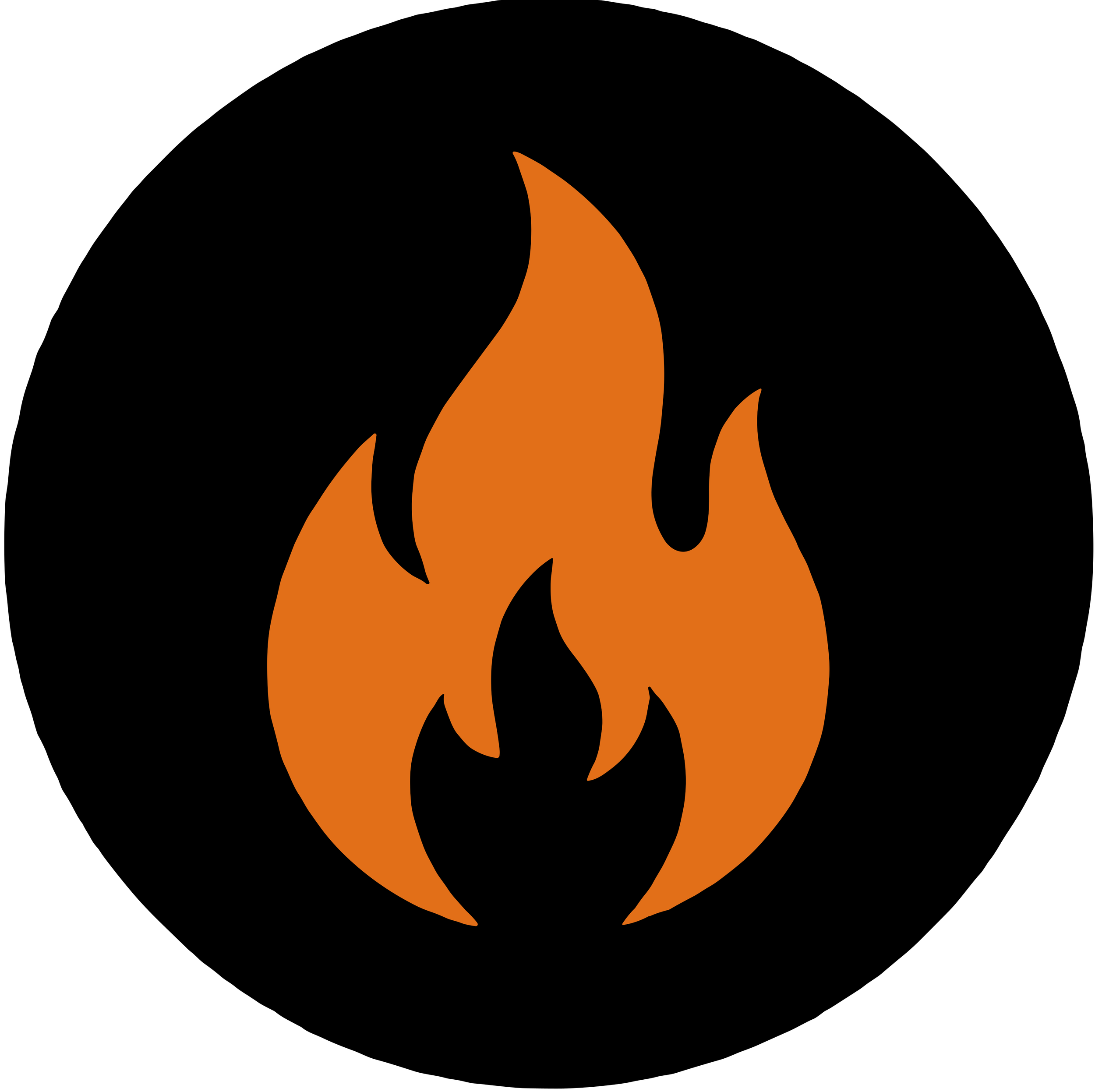 Black background with stylized orange flames in the center.