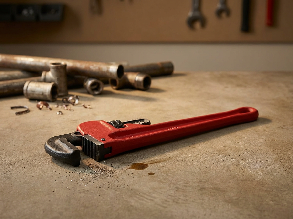 A red pipe wrench on a workbench with metal pipes and miscellaneous hardware in the background.