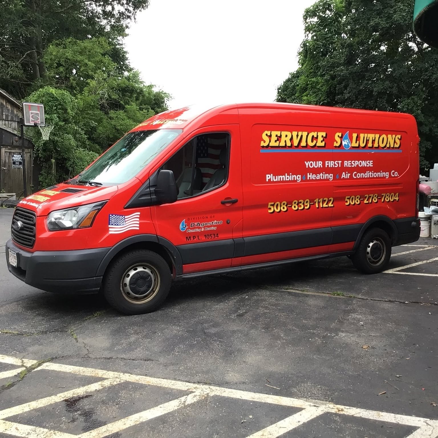 Service Solutions Plumbing, Heating & Air Conditioning service van — licensed plumber and HVAC company serving Worcester County, MA — (508) 839-1122