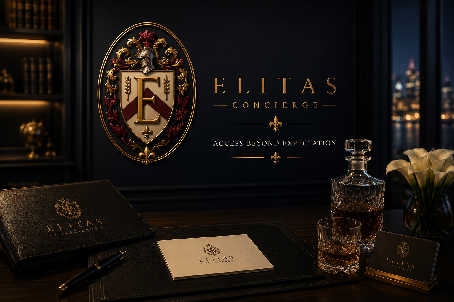 Luxurious concierge reception desk with Elitas branding, a leather folder, business card, pen, a decanter, glass, and a vase of white calla lilies, overlooking a city skyline at night.