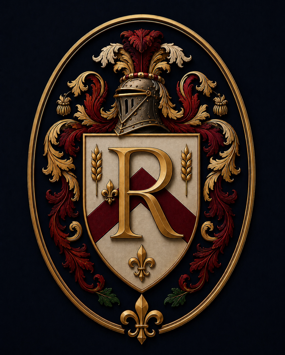 A detailed, ornate coat of arms featuring a gold shield with a large letter R, a red diagonal stripe, and a fleur-de-lis. Decorated with gold and red floral scrolls, a medieval helmet, and a crest of feathers.