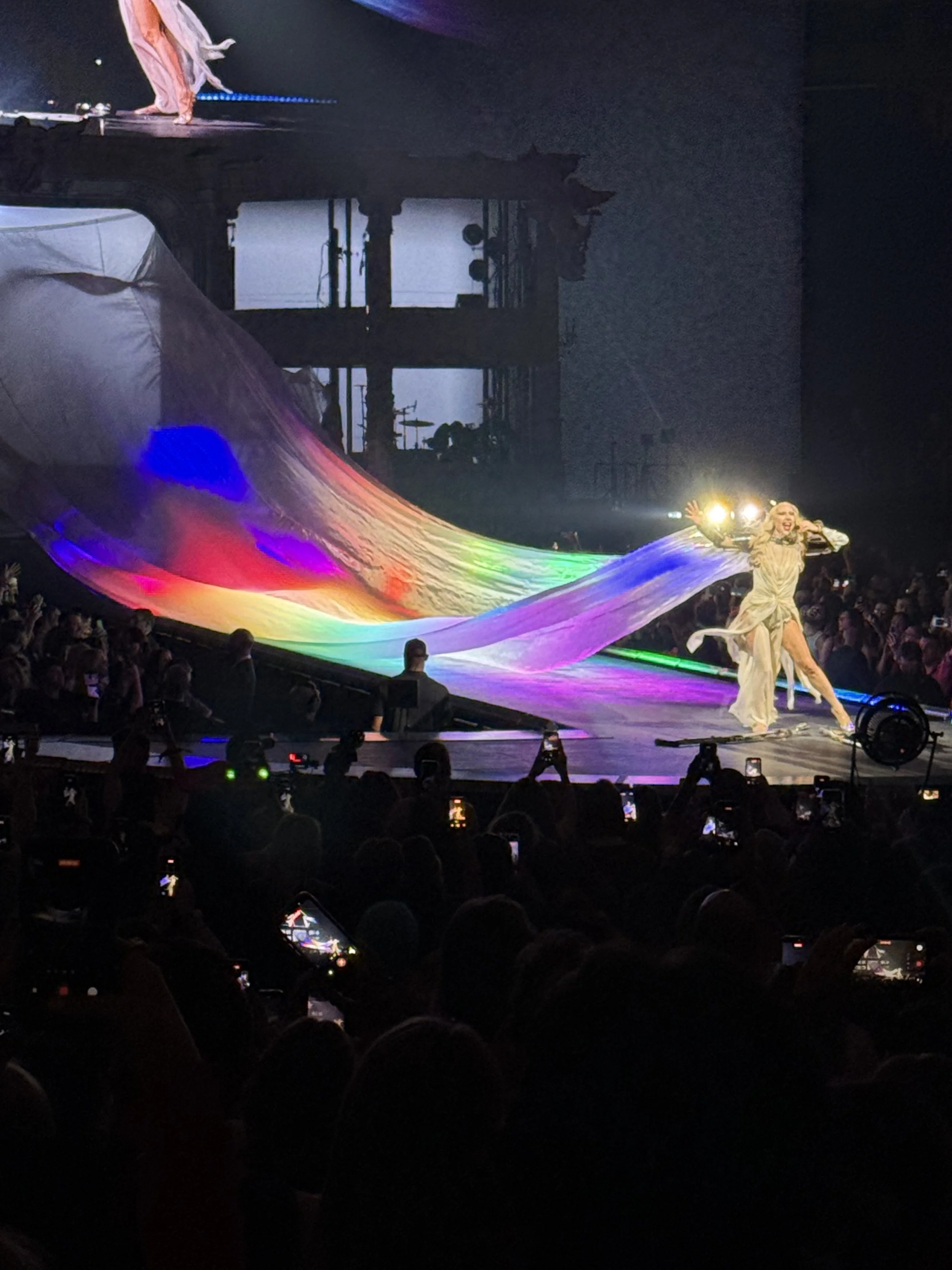 A stage performance featuring a performer with long blonde hair in a white dress, holding a rainbow-colored fabric, standing in front of a visually dark background and stage equipment, with audience visible in the foreground. Lady GAGA