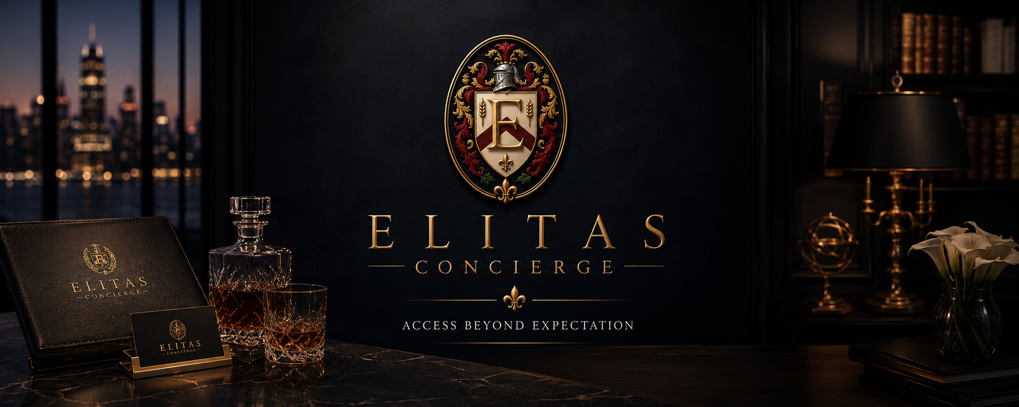 A luxurious office setting with a dark background featuring the Eliteas Concierge logo, which includes a crest with a knight's helmet, shield, and floral decorations. On the desk are a leather cardholder, a business card with the Eliteas logo, a decanter with dark liquor, a glass, a black book, a black lamp with gold stand, and a vase with white calla lilies. A city skyline is visible through large windows.