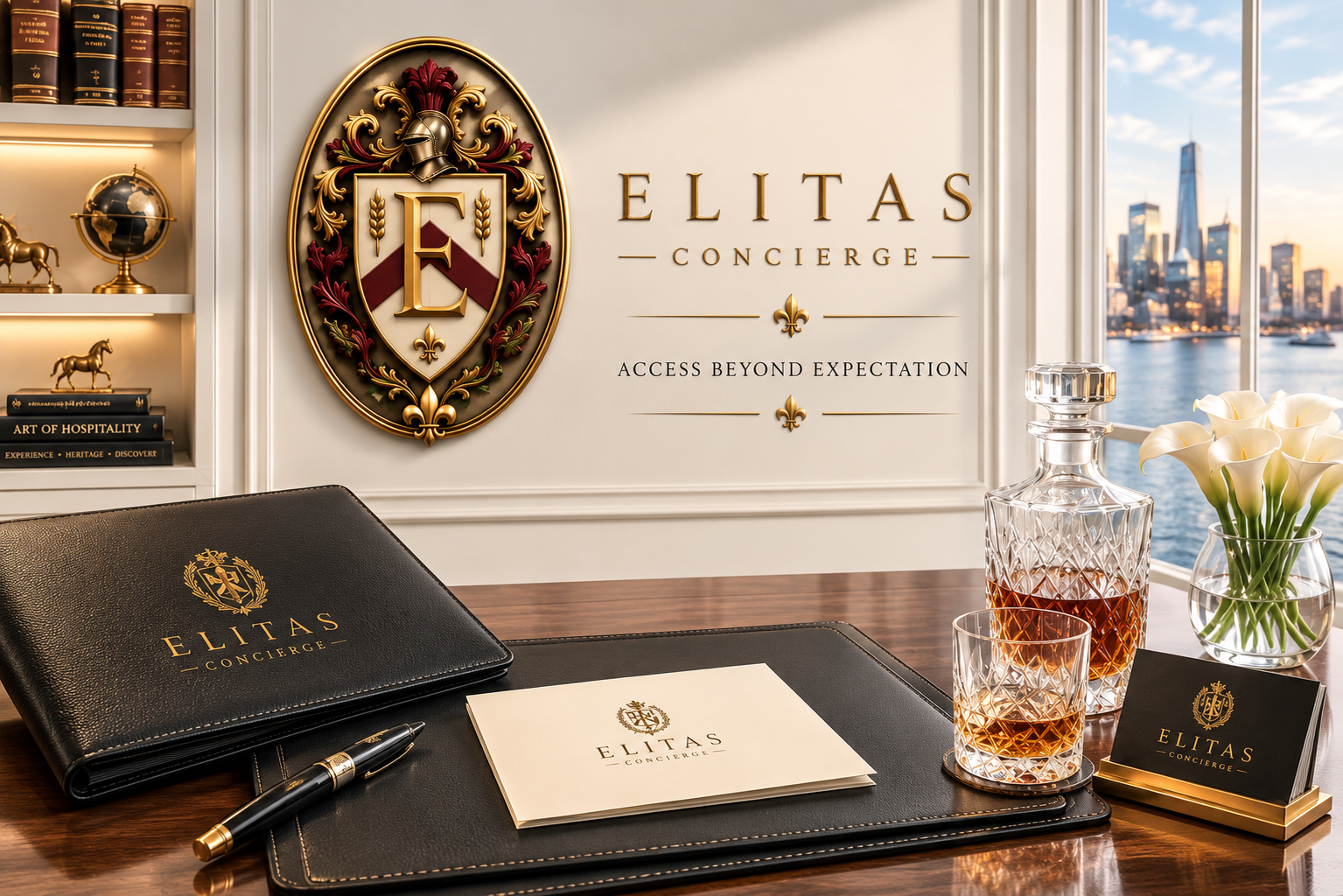 Elegant office desk branded with Elitas Concierge, with leather folders, a pen, a notepad, two glasses of whiskey, a decanter, and a vase of calla lilies, with a city skyline view outside the window.