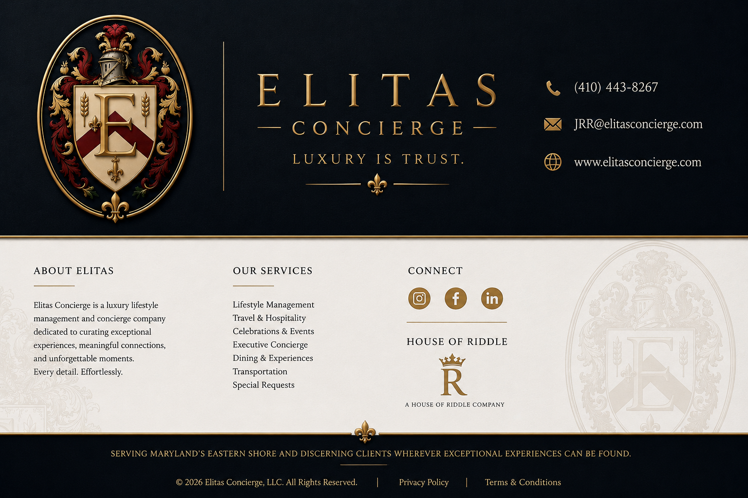Elitas Concierge website homepage featuring a black and gold logo with a crest, contact information, social media icons, and sections about services, connect, and the House of Riddle.