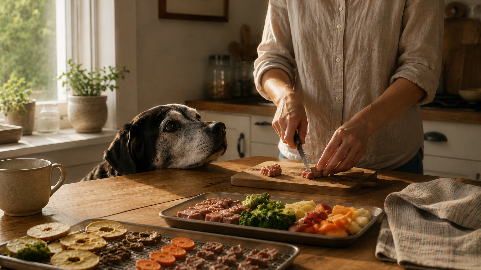 Person chopping raw meat on a wooden cutting board in a cozy kitchen, a dog watching attentively at the counter, with vegetables and snacks on trays nearby.