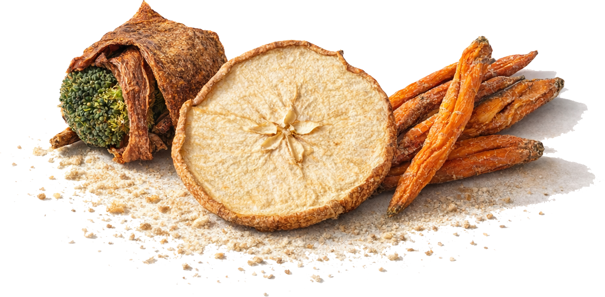 Dried fruit, including a slice of apple and a piece of dried broccoli, with dried carrots and powdered substance on a white surface.