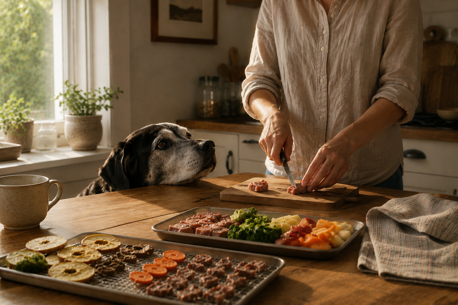 A person preparing food on a wooden kitchen countertop with a dog watching attentively. Food includes vegetables, fruit, and what appears to be raw meat, with a window in the background and various kitchen items.