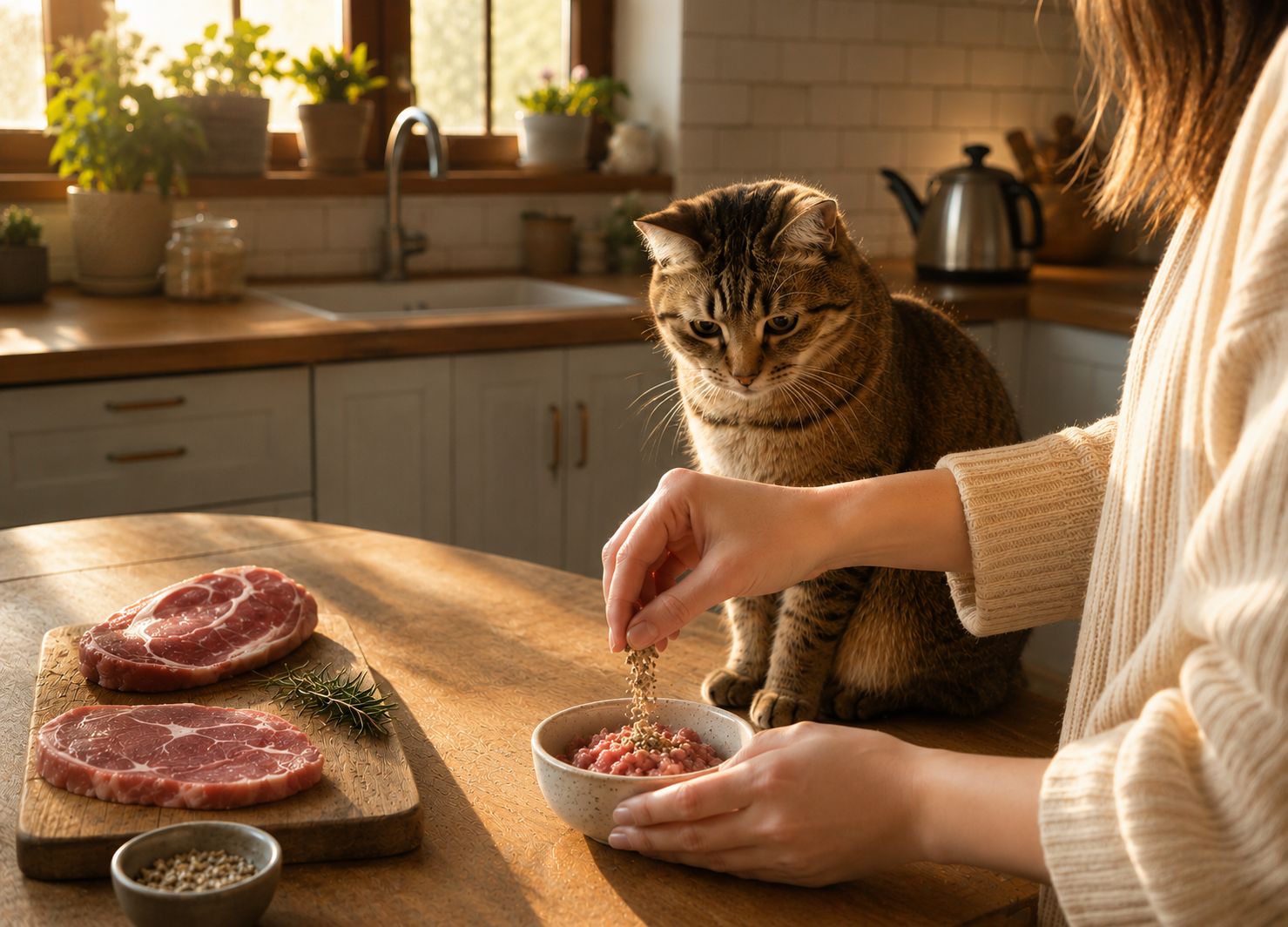 A person is preparing raw ground meat with seasonings in a kitchen, with a cat sitting on the counter watching, and raw steaks on a cutting board nearby.
