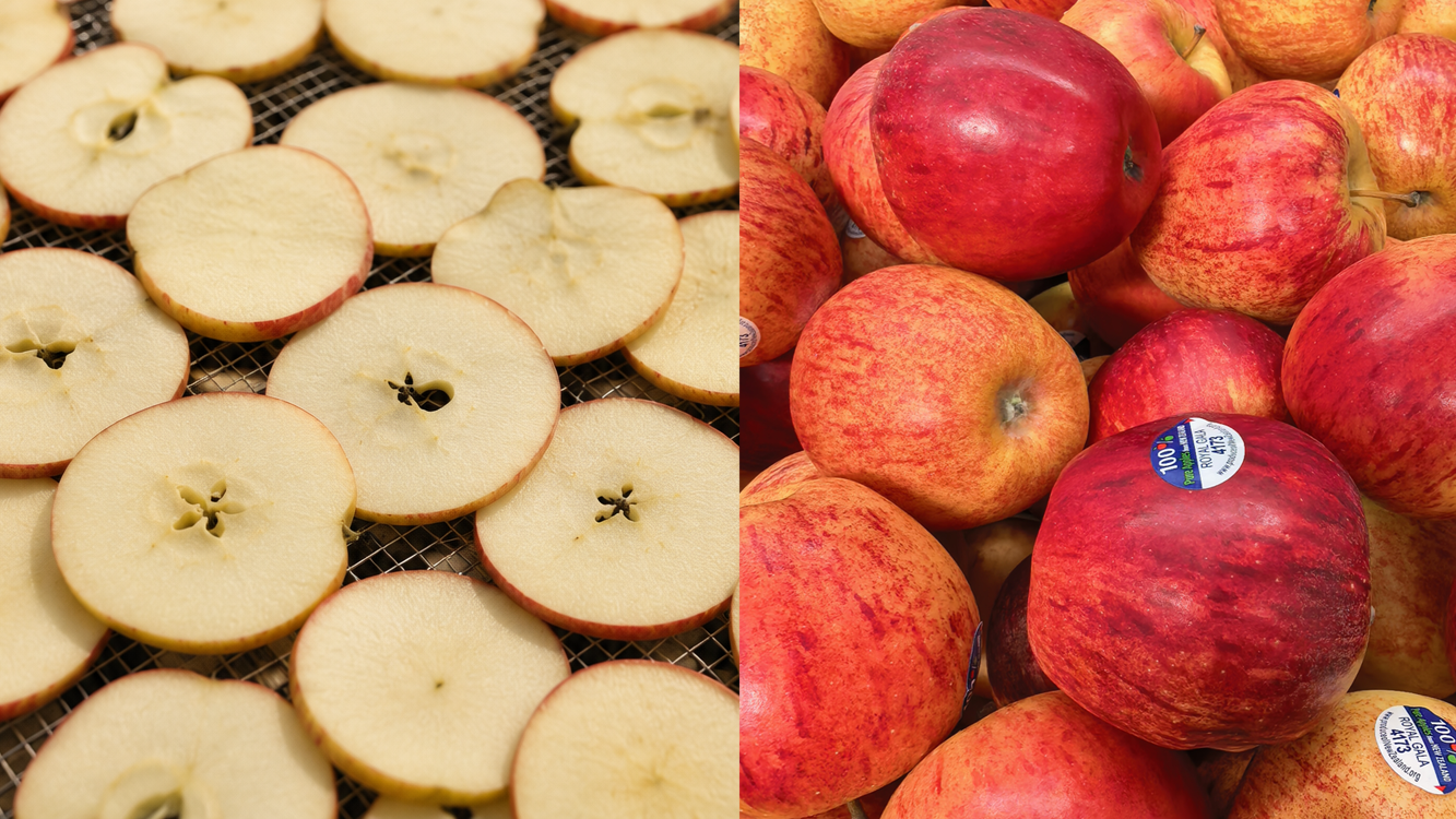 Sliced apples on the left and whole red apples on the right.