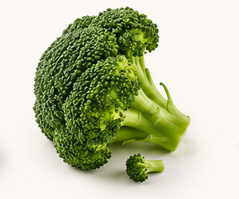 Fresh broccoli head with a small piece next to it on a white background.