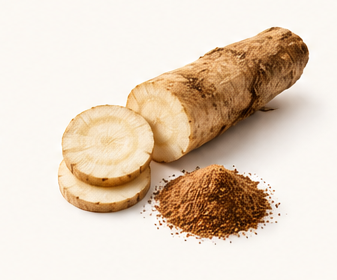 Whole yam with sliced pieces and a pile of ground spice nearby on a white background.