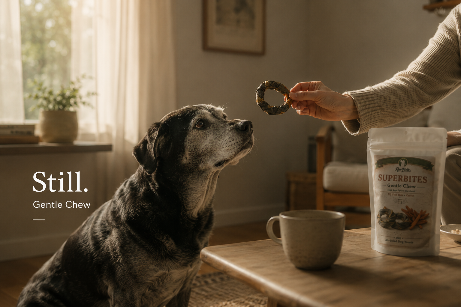 A person is feeding a dog a treat from their hand in a cozy, sunlit living room. The dog looks attentive, and there is a package of dog treats on the table.