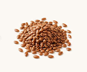 A pile of brown flax seeds on a white background.