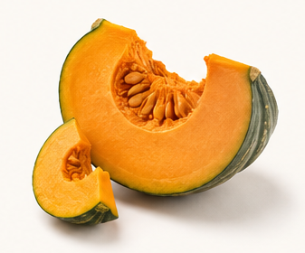 A whole green pumpkin and a sliced piece showing orange flesh and seeds inside.