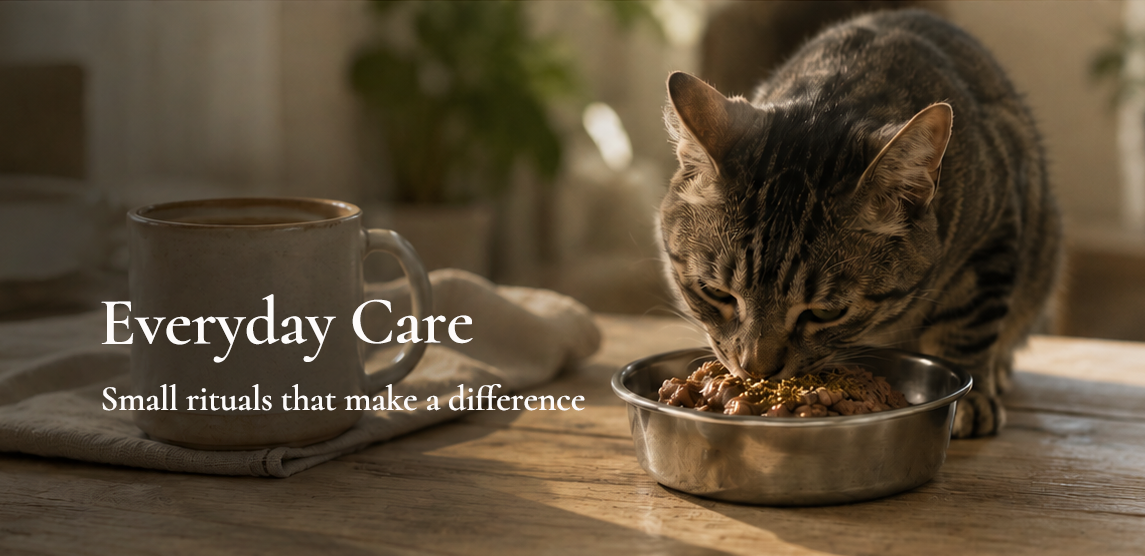 A cat eating from a metal bowl on a wooden table with a coffee mug nearby.