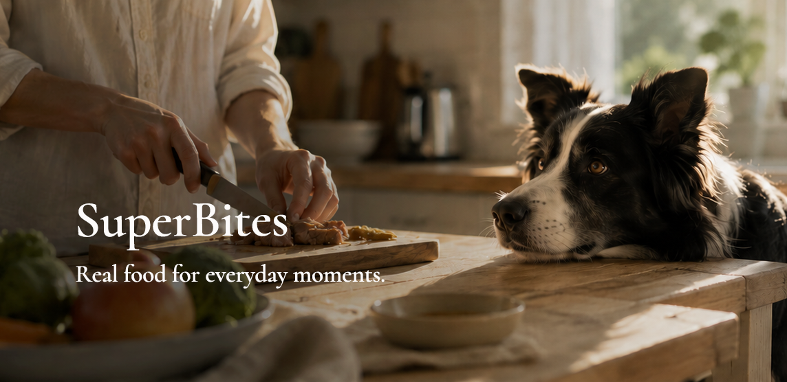 A person chopping food on a wooden kitchen counter, with a black and white dog resting its head on the counter, looking attentively at the food.
