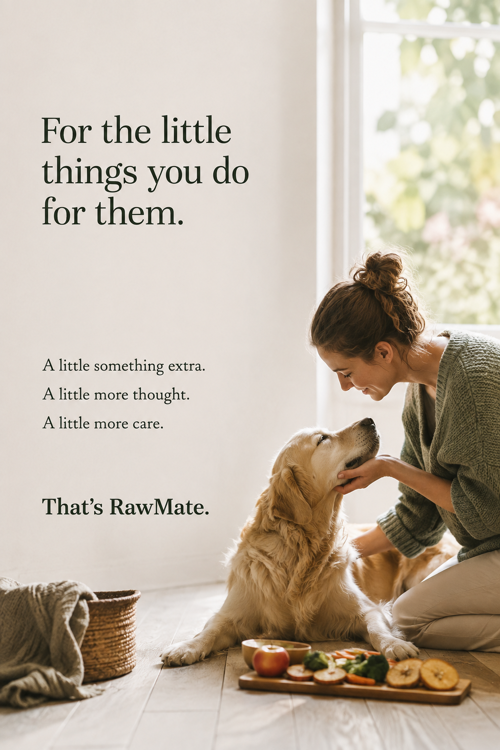 A woman gently cradling a golden retriever puppy's face while looking into its eyes inside a bright room with a large window, a basket, and a wooden board with food nearby, along with a motivational quote about caring for pets.