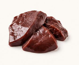 Three pieces of raw beef liver on a white background.