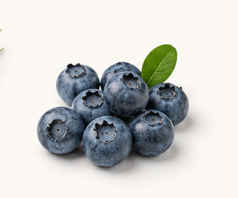 Group of fresh blueberries with green leaves on a white background.